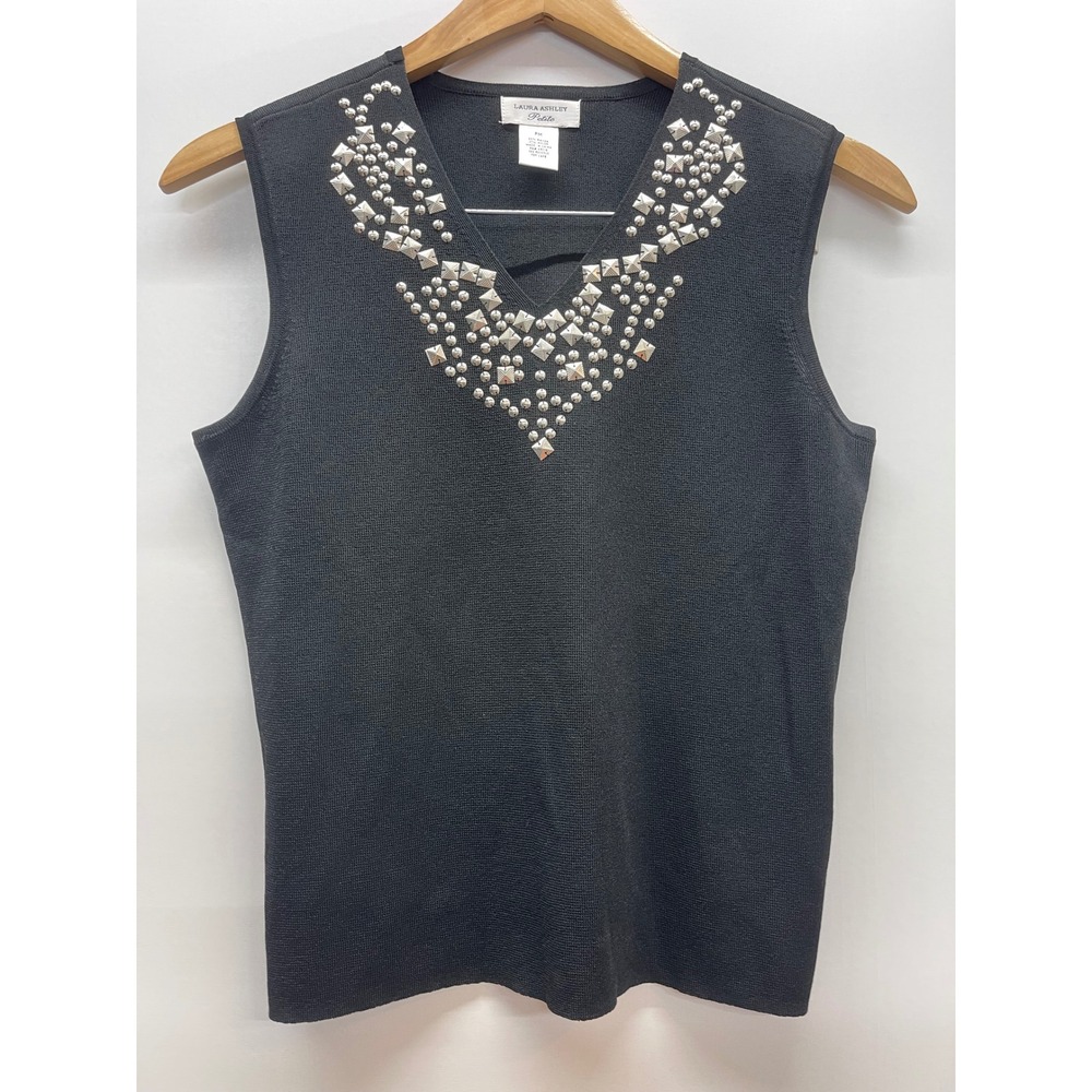 Laura Ashley Petite Black Studded V-Neck Knit Shell Top Sleeveless Sweater PM